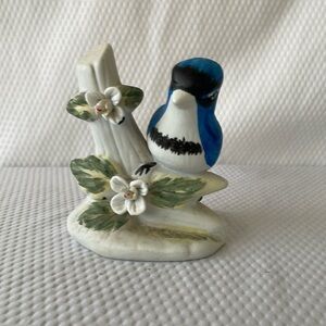 Vintage  Ceramic 4” Blue Jay Perched on a Branch Figurine.